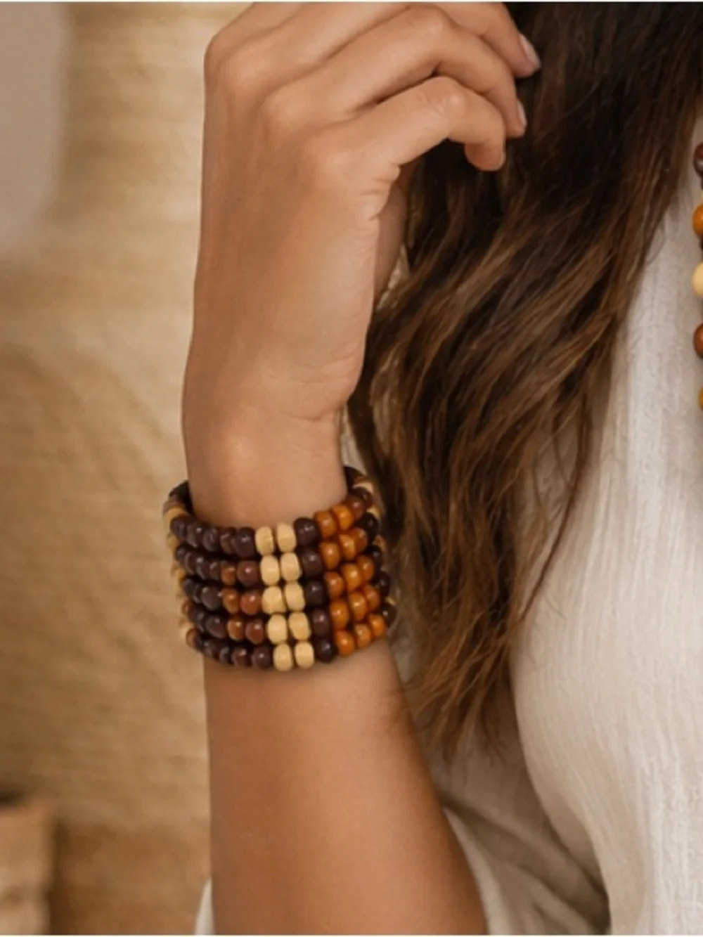 Layered Wooden Bead Necklace and Bracelet Set - Brown
